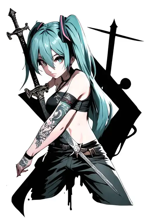 Hatsune Miku design with a sword in the right of her tattoo design idea