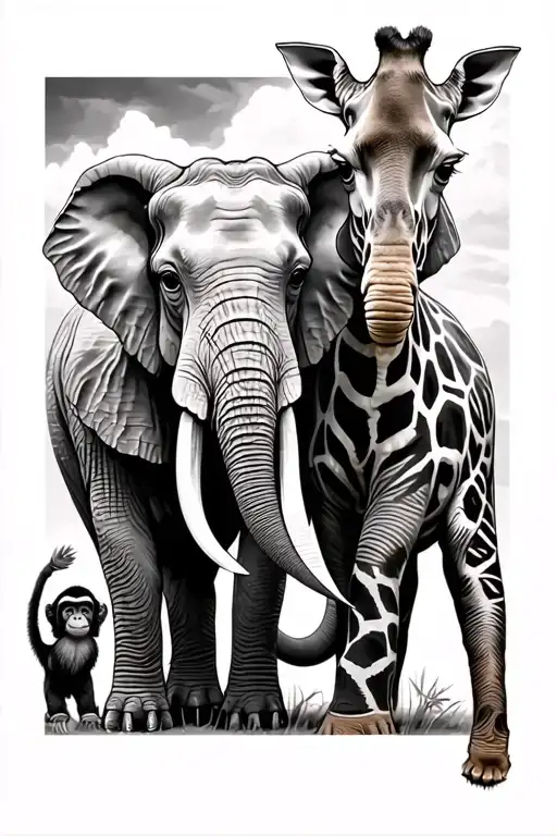 giraffe,elephant and monkey, safari themed leg sleeve  tattoo design idea