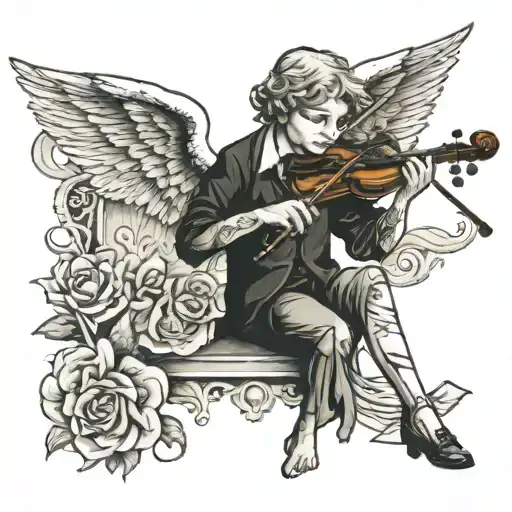 sad angel playing violin tattoo design idea