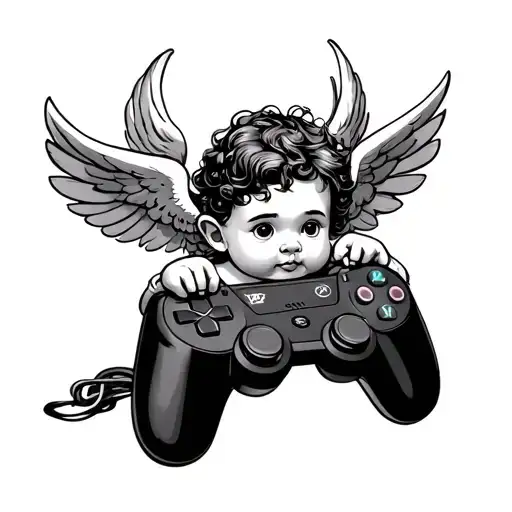 Cherub playing video Game Controller tattoo design idea