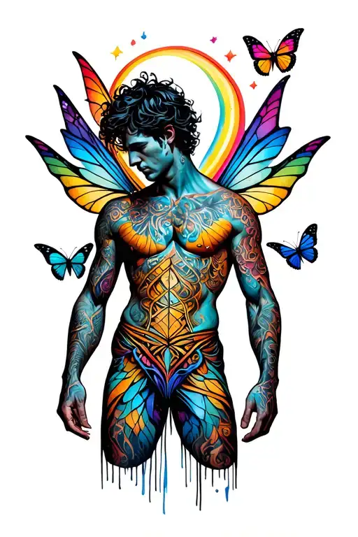 sexy male faery torso, playful, magical. Around him are butterflies, rainbows. tattoo design idea
