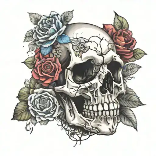 colourful skull surrounded tattoo design idea