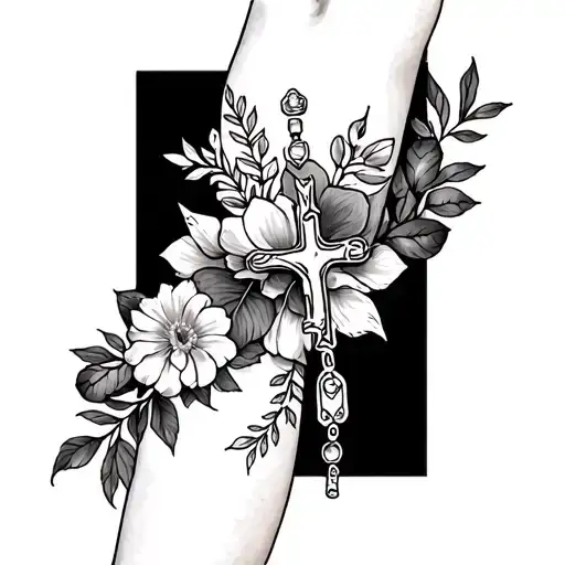 half rosary half floral wrapped around forearm tattoo design idea
