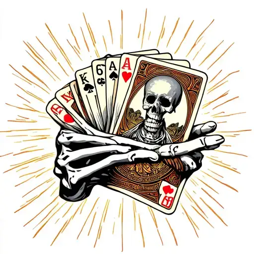 tattoo where there is a skeleton hand holding cards that represent karma and death with sunshine rays in the back tattoo design idea