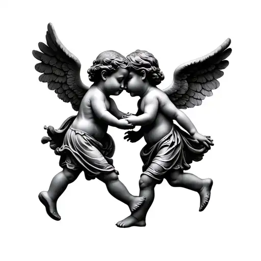 two baby angel statues holding hands and walking away tattoo design idea