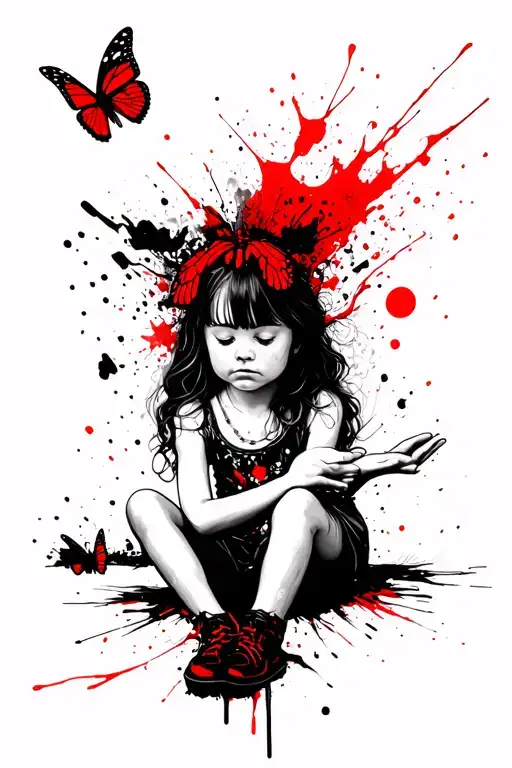 little girl sitting with butterfly near her outstretched hand while another butterfly lands on her head tattoo design idea