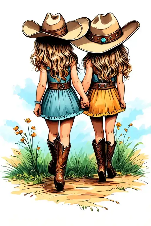 2 little girls in oversized cowboy hats in cowgirls boots  walking away holding hands  tattoo design idea