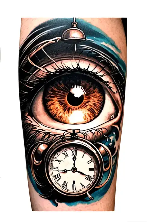 Brown eye on inner bicep with a clock showing how time is always moving. Also include the years 1975 and 2009 and includ tattoo design idea
