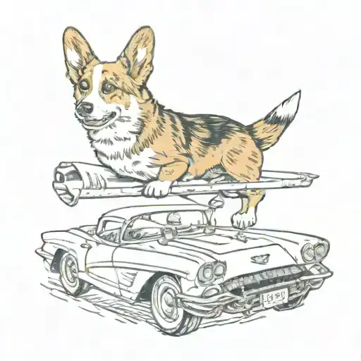 corgi driving corvette C5 tattoo design idea