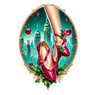 two sparkling ruby ballet slippers with emerald city in the background tattoo design idea