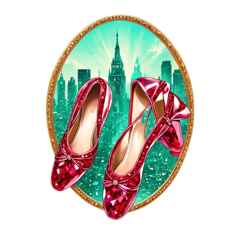 two sparkling ruby ballet slippers with emerald city in the background tattoo design idea