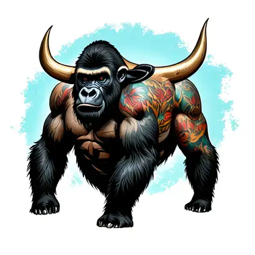 In the style of Conor McGregor's gorilla tattoo on her chest, but instead of a gorilla, let it be a bull, so it's origin tattoo design idea