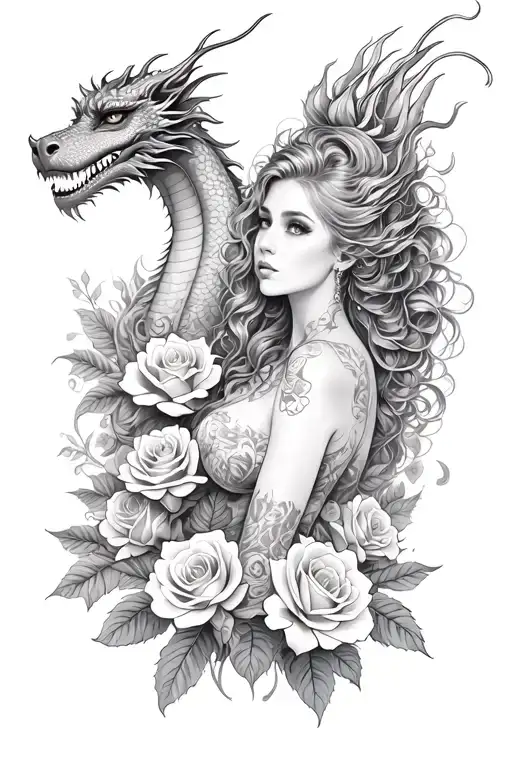 A realistic portrait of a woman surrounded by roses and dragon tattoo design idea