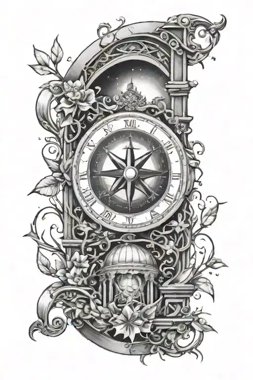 Arch monument with wrapping vines no flowers, a compass inside the arch and stary space in the background. tattoo design idea