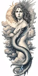leviathan, virgo, typhoon, wings, clouds, manlike body, storm, lightning ,SUN,MOON,HOLY CROSS tattoo design idea