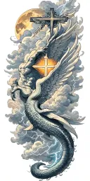 leviathan, virgo, typhoon, wings, clouds, manlike body, storm, lightning ,SUN,MOON,HOLY CROSS tattoo design idea