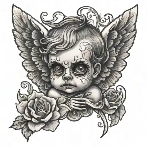 skeleton baby cherub face and wings tattoo design idea