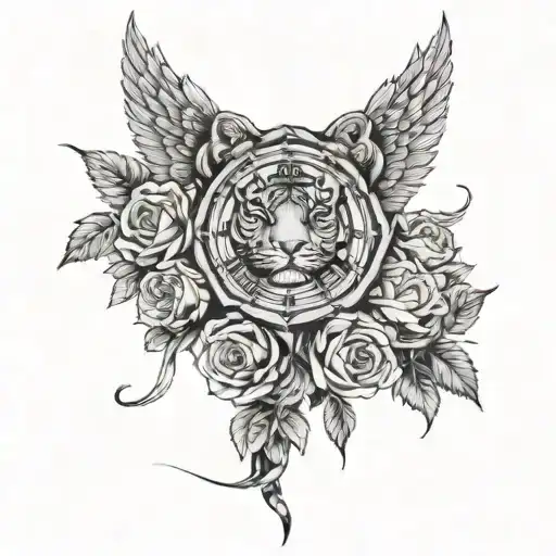 roses surrounded, roman numerals, tiger head, angel wings, clock tattoo design idea