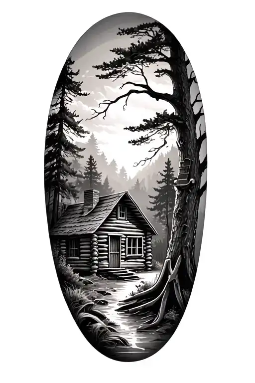 Design a black-grey tattoo featuring a log cabin nestled in a serene forest scene with an acoustic guitar leaning against a tree, symbolizing the client's love for nature and music tattoo design idea
