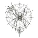 A sketch style tattoo of a mysterious and intricate spider weaving its web, symbolizing creativity and resourcefulness, with subtle elements of a katana blade for a touch of edge tattoo design idea