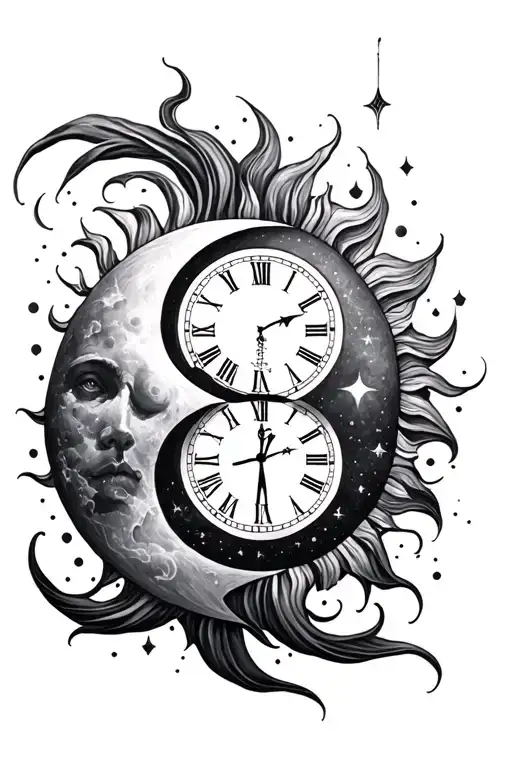 Sun and moon clock tattoo design idea