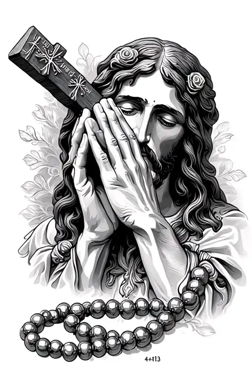 rossary beads with praying hands, the 3 crosses when Jesus died, 3 rossses behind all of it bible verse phillpains 4:13 tattoo design idea