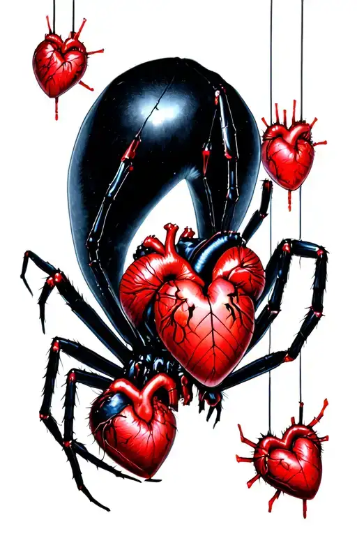 black widow spider with souls descending from it with spider webs holding human hearts and regular hearts tattoo design idea