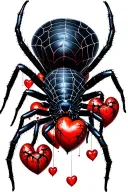 black widow spider with souls descending from it with spider webs holding human hearts and regular hearts tattoo design idea
