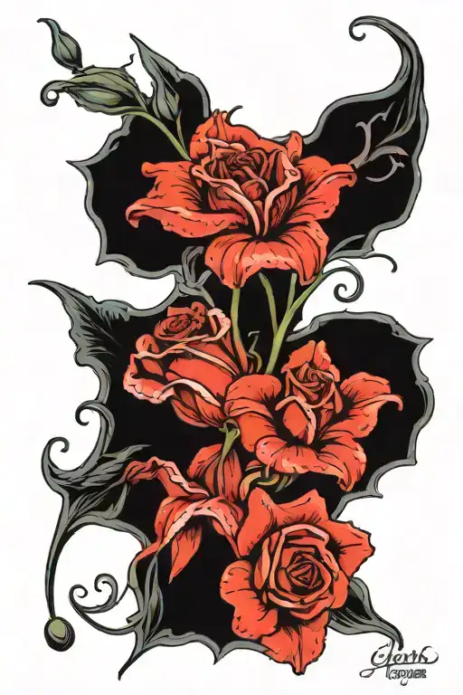 Gladiolus, Carnation, Snowdrop, and a rose all falling down individually with their stem, NOT touching tattoo design idea