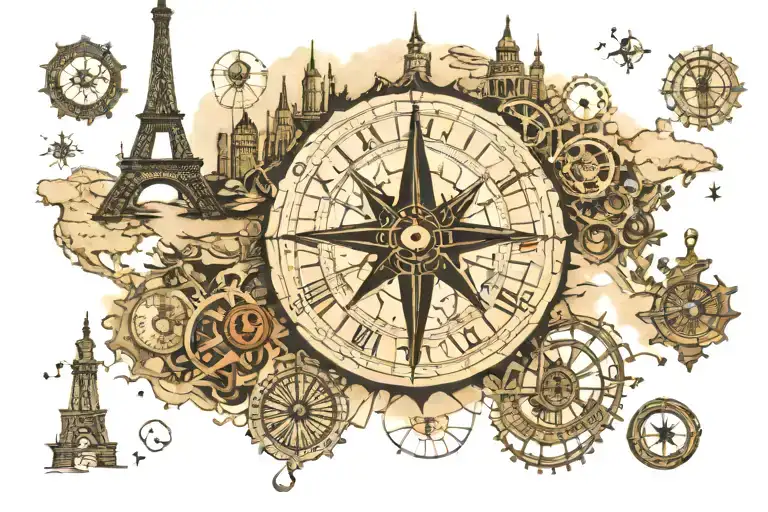 world map, compass, eiffel tower, dubai tower skyline, clock, compass, watchmaking, punk tattoo design idea