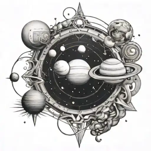 An ethereal scene of the solar system with planets and celestial bodies orbiting around a central star, representing the vastness of space and the beauty of the cosmos tattoo design idea