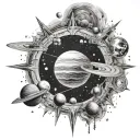 An ethereal scene of the solar system with planets and celestial bodies orbiting around a central star, representing the vastness of space and the beauty of the cosmos tattoo design idea