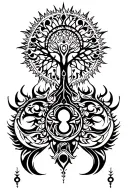 tribal design including army elements, tree of life, dna strand, goddess sun moon, dragon tattoo design idea