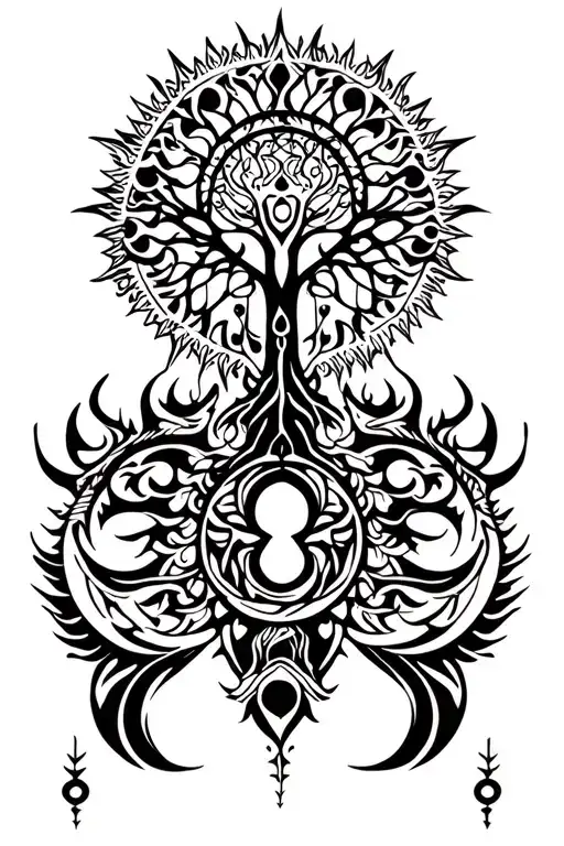 tribal design including army elements, tree of life, dna strand, goddess sun moon, dragon tattoo design idea