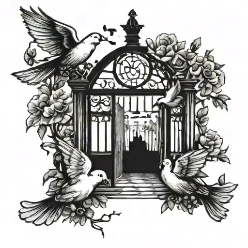 gates a haven with doves flying tattoo design idea