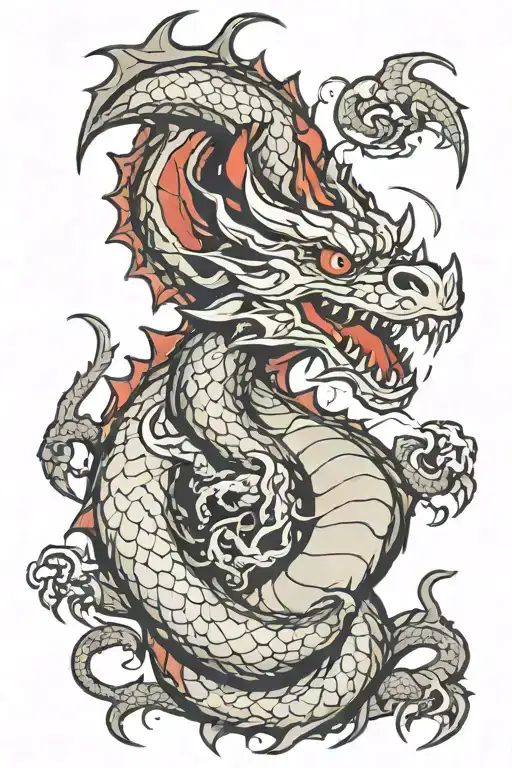 dragon with red eyes breathing smoke coming tattoo design idea