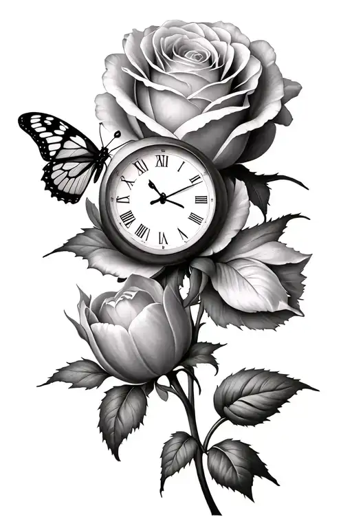 two roses with a clock and a butterfly on a tulip tattoo design idea