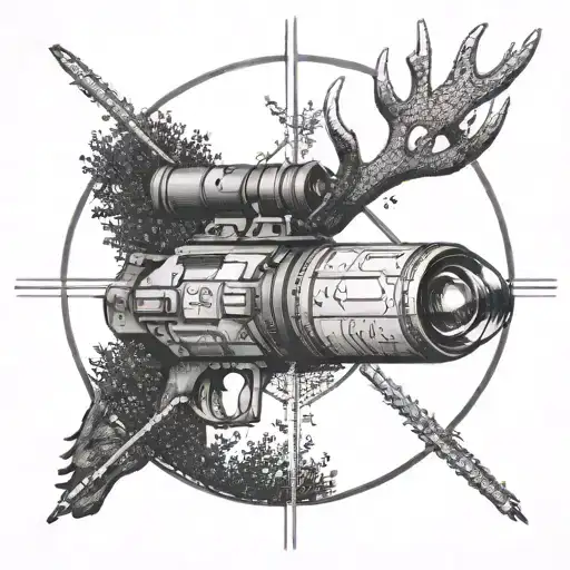 A dotwork tattoo of a sniper scope crosshair with the reflection of a deer in the lens, symbolizing precision and hunting skills tattoo design idea