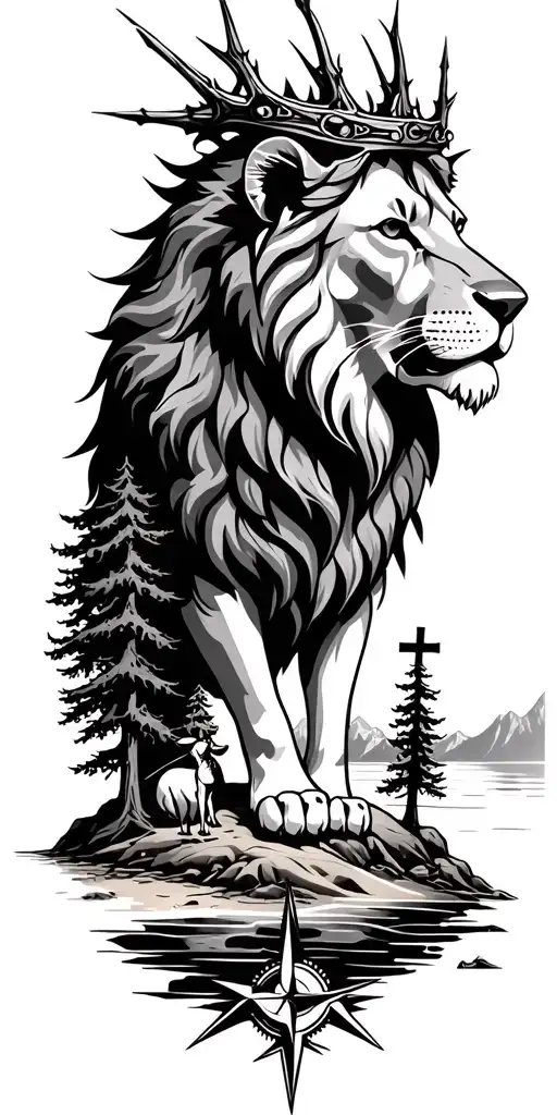 lion with thorn crown, mountains, lake, trees, christian / cross, compass,  dog, beach tattoo design idea