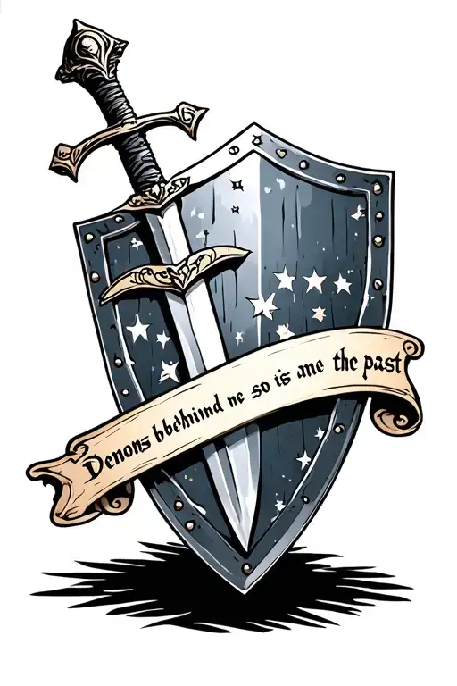 sword and shield with words " demons behind me and so is the past" tattoo design idea