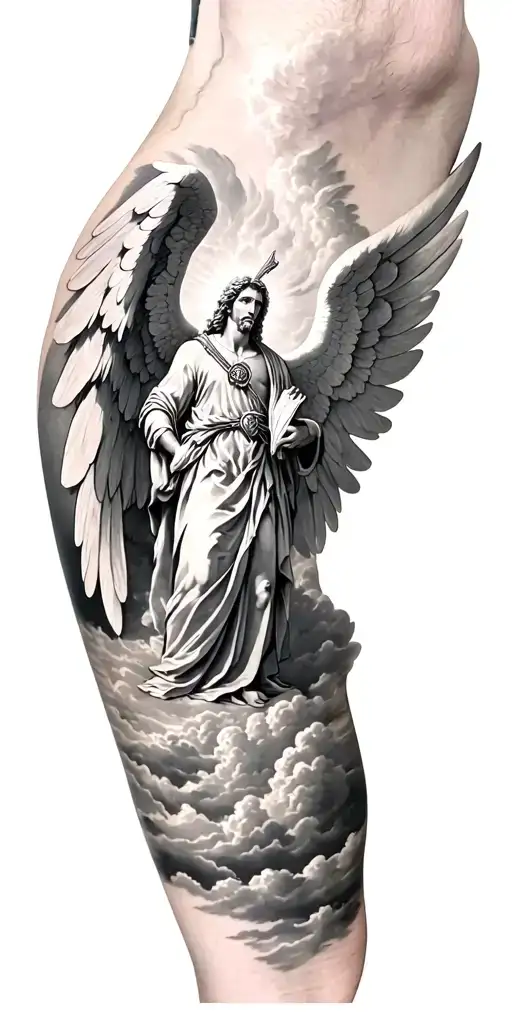 archangel michael on forearm, cloudy sky on shoulder, biblical symbols, heavenly atmosphere, light, black and white  tattoo design idea