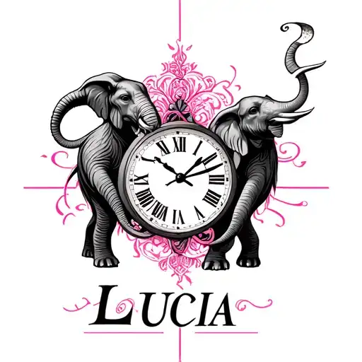 Lucia name with pink intertwined with ancient hand clock marking the seven and elephants grabbed each other by queues tattoo design idea