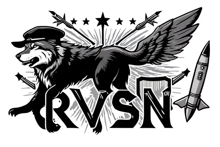 "In Russian, the words "RVSN" are written below" A wolf in a black beret with a cockade of stars in the background is a large rocket with arrows on the sides and a shield and wings on the sides tattoo design idea