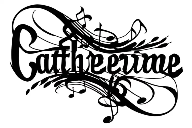 the name Catherine surrounded by music notes flowing  tattoo design idea