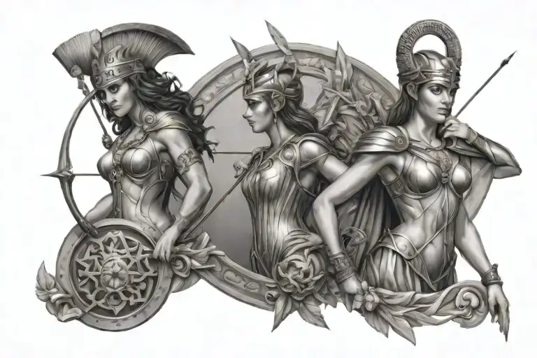 goddess Athena holding spear and shield adorned and Artemis holding Bow and arrow realism  tattoo design idea