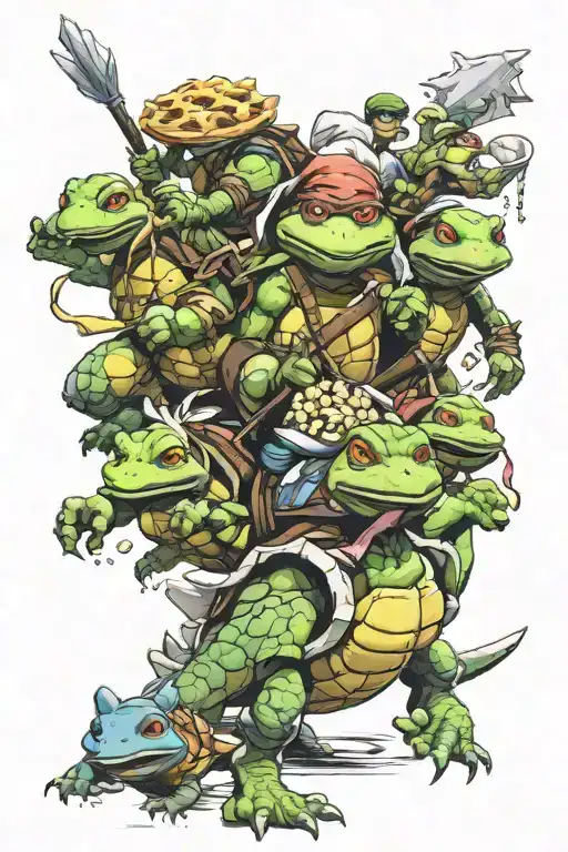 ninja turtles, pizza, moogle  riding a chocobo, dinosaur, popcorn, link, tattoo design idea