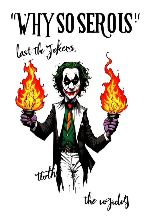 "Why so serious" Tattoo design of last 3 jokers. One of them is the main image and they are holding 2 flaming olayinf varda wothwith othe tattoo design idea