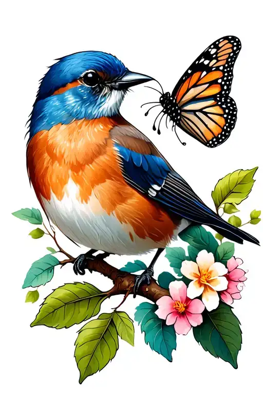 Eastern Bluebird on a branch with leaves and flowers and a monarch butterfly tattoo design idea
