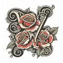 J&S blend letters add roses intertwined hearts tattoo design idea