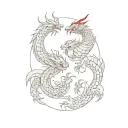 Minimal sketch of 2 dragons in Japanese style with outline, red sun in the middle and Japanese symbols on the sides tattoo design idea